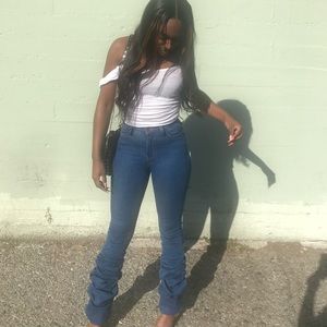 Vibrant blue jeans with scrunched bottoms